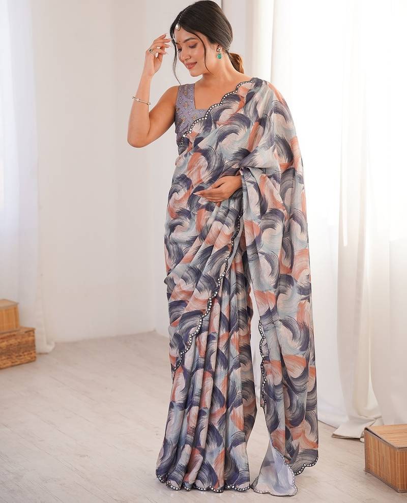 Women party wear digital print heavy chinnon saree with un sttiched blouse