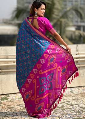Blue woven self design silk blend patola saree with blouse 4