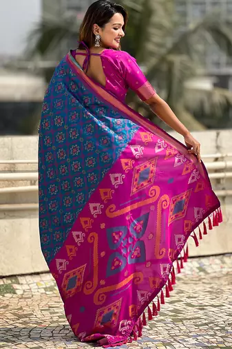 Blue woven self design silk blend patola saree with blouse
