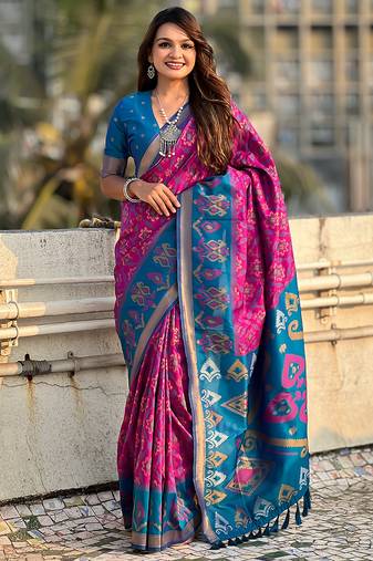 Magenta woven self design silk blend patola saree with blouse