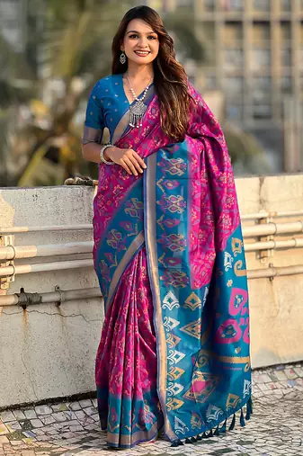 Magenta woven self design silk blend patola saree with blouse