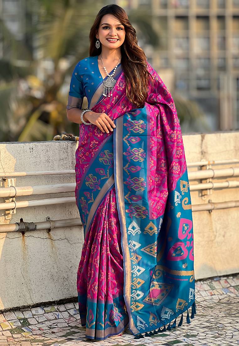 Magenta woven self design silk blend patola saree with blouse