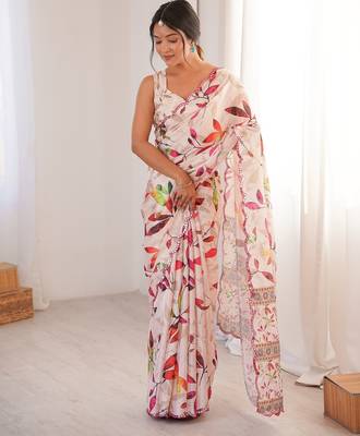 Women party wear digital print heavy chinnon saree with un sttiched blouse 1