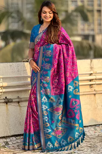 Magenta woven self design silk blend patola saree with blouse