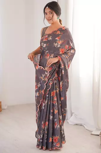 Women party wear digital print heavy chinnon saree with un sttiched blouse