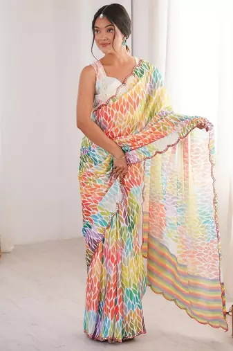 Women party wear digital print heavy chinnon saree with un sttiched blouse