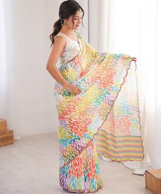 Women party wear digital print heavy chinnon saree with un sttiched blouse 3