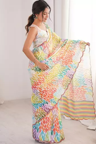 Women party wear digital print heavy chinnon saree with un sttiched blouse