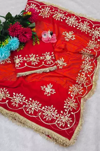 Red Color  Gotta Work   Chiffon Saree