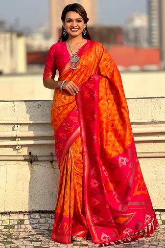 Orange woven self design silk blend patola saree with blouse