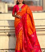 Orange woven self design silk blend patola saree with blouse