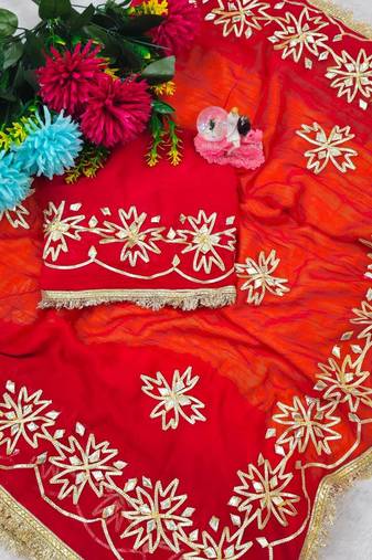 Red Color  Gotta Work   Chiffon Saree