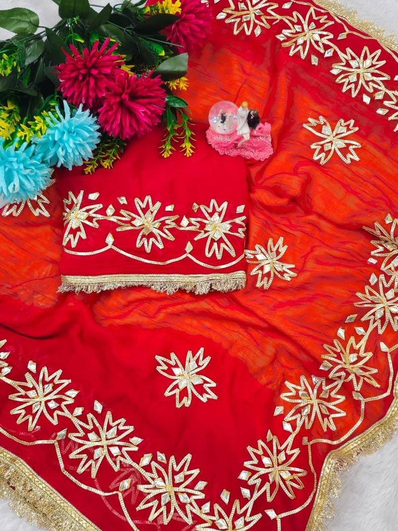 Red Color  Gotta Work   Chiffon Saree