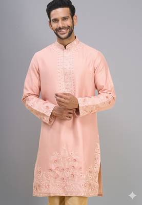 men’s peach silk kurta pant set with elegant embroidery 3