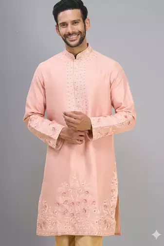 men’s peach silk kurta pant set with elegant embroidery