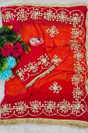 Red Color  Gotta Work   Chiffon Saree