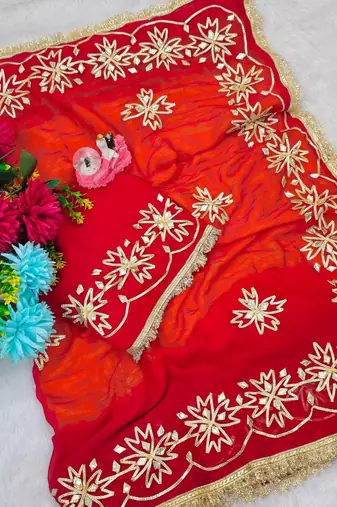Red Color  Gotta Work   Chiffon Saree