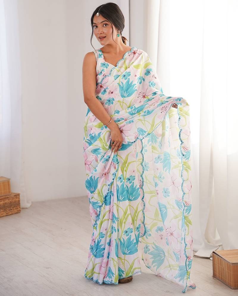 Women party wear digital print heavy chinnon saree with un sttiched blouse