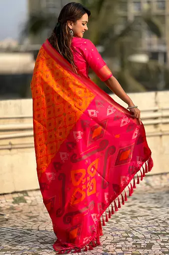 Orange woven self design silk blend patola saree with blouse