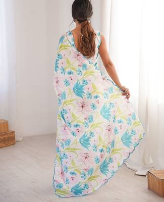 Women party wear digital print heavy chinnon saree with un sttiched blouse 4