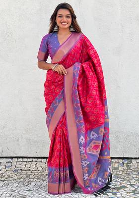 Pink woven self design silk blend patola saree with blouse 2