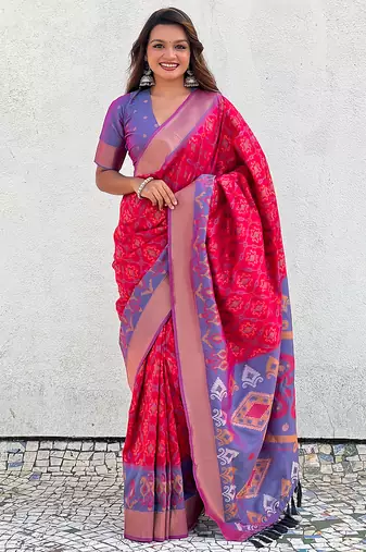 Pink woven self design silk blend patola saree with blouse