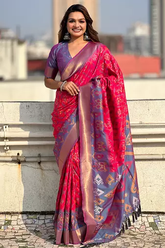 Pink woven self design silk blend patola saree with blouse