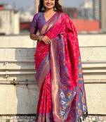 Pink woven self design silk blend patola saree with blouse