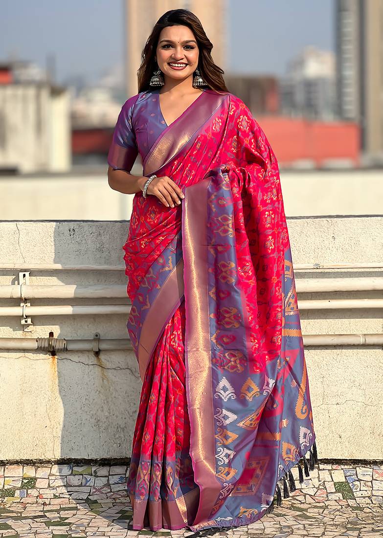 Pink woven self design silk blend patola saree with blouse