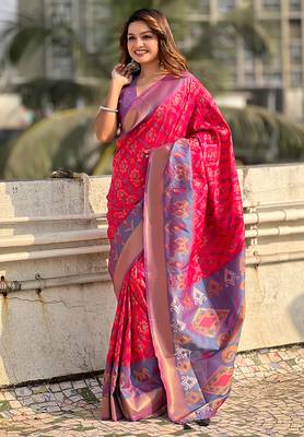 Pink woven self design silk blend patola saree with blouse 3