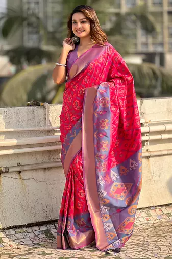Pink woven self design silk blend patola saree with blouse