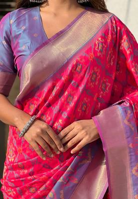 Pink woven self design silk blend patola saree with blouse 4