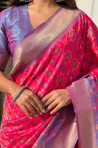 Pink woven self design silk blend patola saree with blouse