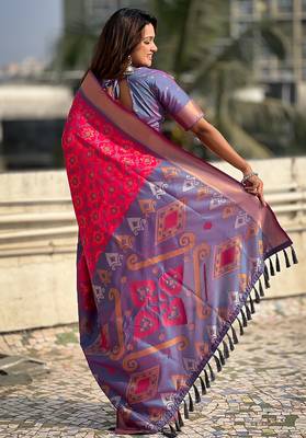 Pink woven self design silk blend patola saree with blouse 5