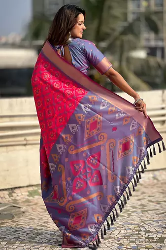 Pink woven self design silk blend patola saree with blouse