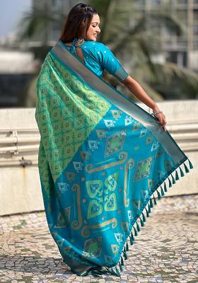 Pista green woven self design silk blend patola saree with blouse 4