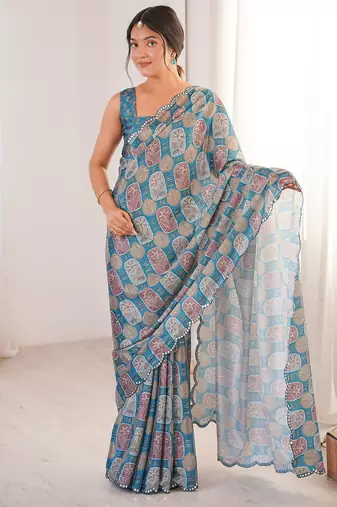 Women party wear digital print heavy chinnon saree with un sttiched blouse