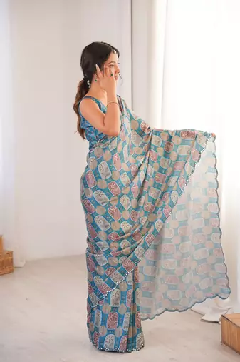 Women party wear digital print heavy chinnon saree with un sttiched blouse
