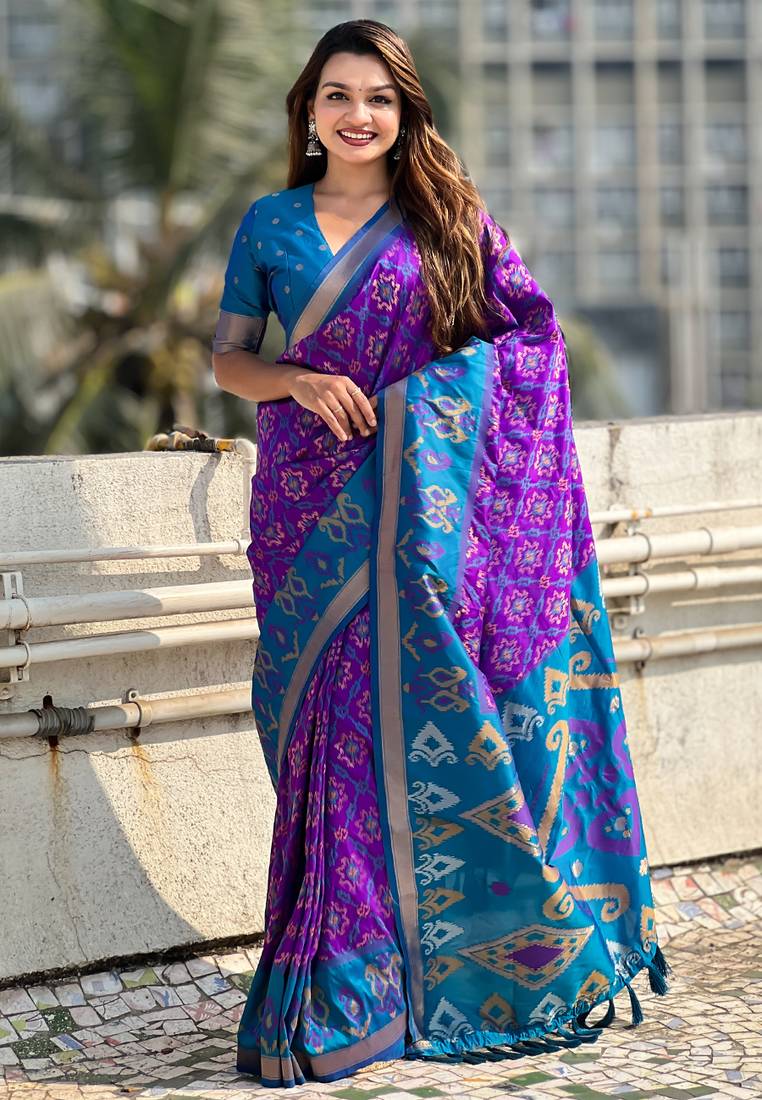 Purple woven self design silk blend patola saree with blouse