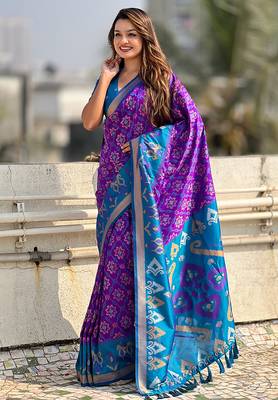 Purple woven self design silk blend patola saree with blouse 2