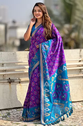 Purple woven self design silk blend patola saree with blouse