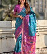 Sky blue woven self design silk blend patola saree with blouse
