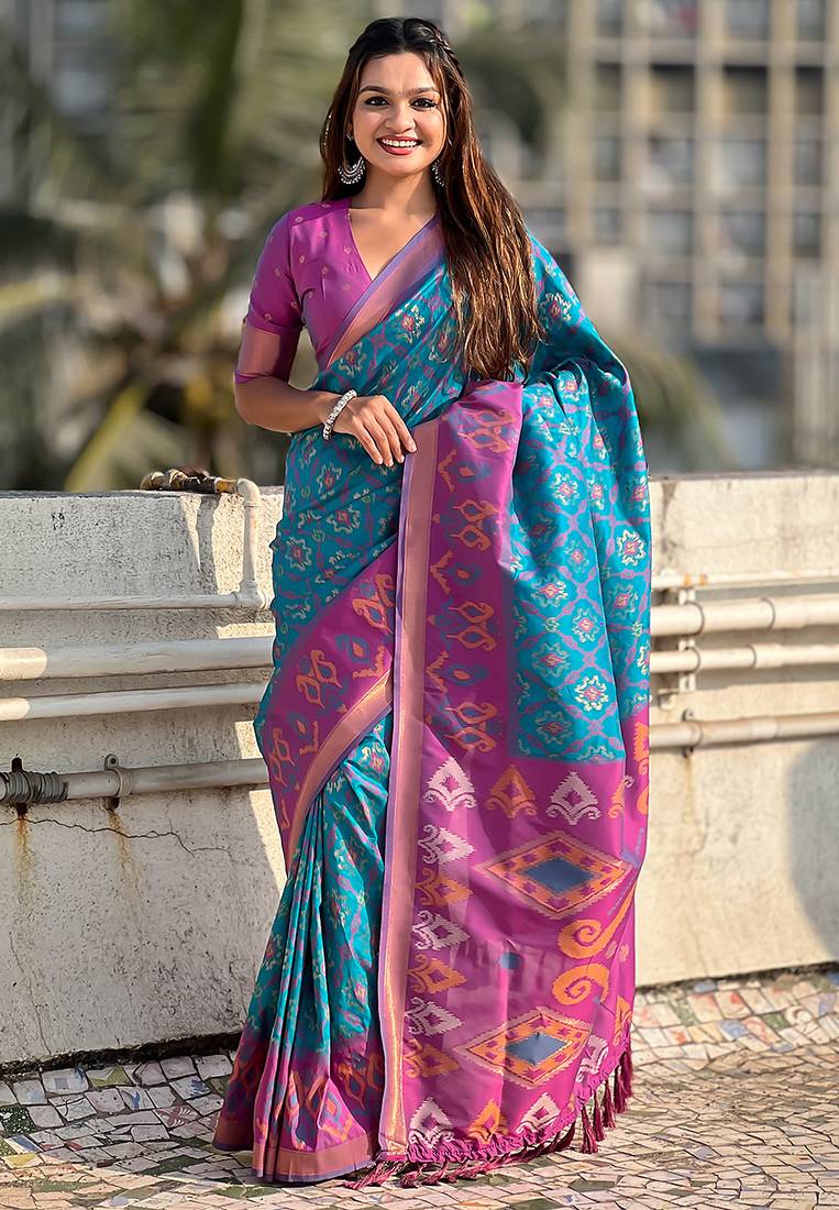 Sky blue woven self design silk blend patola saree with blouse