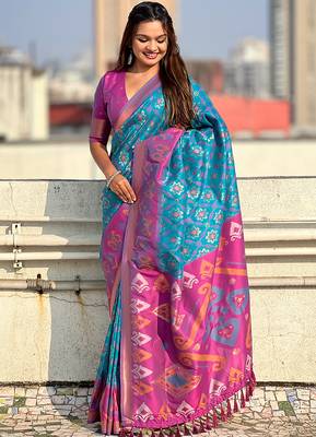 Sky blue woven self design silk blend patola saree with blouse 2