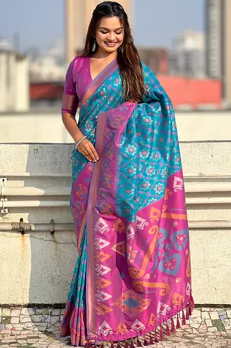 Sky blue woven self design silk blend patola saree with blouse