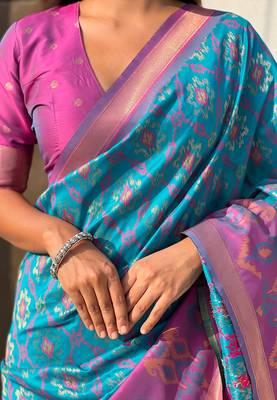 Sky blue woven self design silk blend patola saree with blouse 3