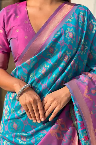Sky blue woven self design silk blend patola saree with blouse