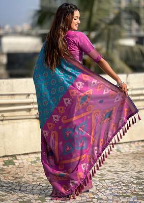 Sky blue woven self design silk blend patola saree with blouse 4