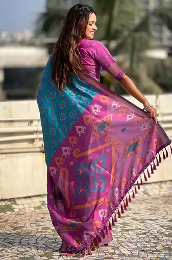 Sky blue woven self design silk blend patola saree with blouse