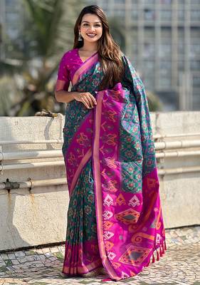 Teal green woven self design silk blend patola saree with blouse 1